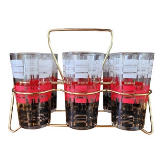 Vintage Mid-Century Modern Glass Tumblers With Gold Brass Caddy- 7 Pieces For Sale
