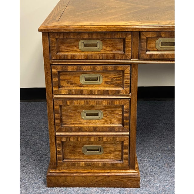 Vintage Campaign Style Double Pedestal 7 Drawer Desk For Sale - Image 4 of 11