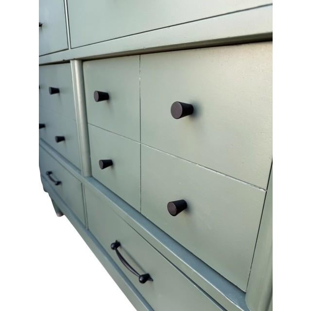 Wood Custom Refinished Mid-Century Modern Sage Green 12-Drawer Dresser With Frameless Mirror For Sale - Image 7 of 8