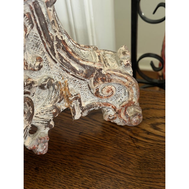 Pair of Monumental Distressed Carved Wood Pricket Floor Candlesticks, 36.5 Inches Tall For Sale - Image 4 of 12