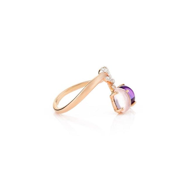 Amethyst and Rose Quartz Ring With Diamond Bow 18k Solid Rose Gold Size 7 For Sale - Image 4 of 6