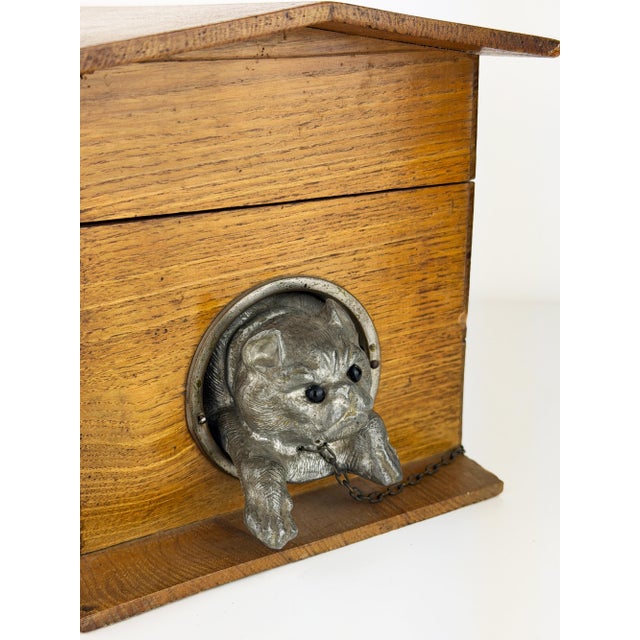 Antique 19th Century Dog Kennel Cigar Humidor Box in Wood with Metal Dog and Key, 1890s For Sale - Image 4 of 15