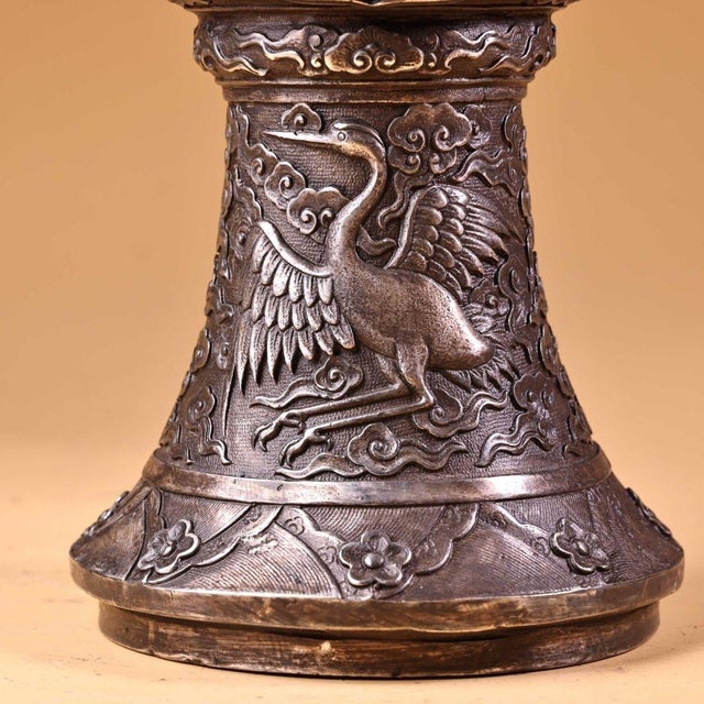 Bronze Vase With Silver-Inlaid Crane Motif - Altar Flower Vase For Sale In Los Angeles - Image 6 of 10