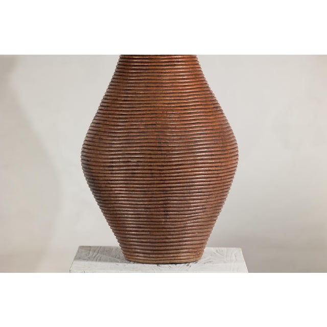 Ribbed Vintage Pottery Vase With Burnished Surface For Sale - Image 15 of 18