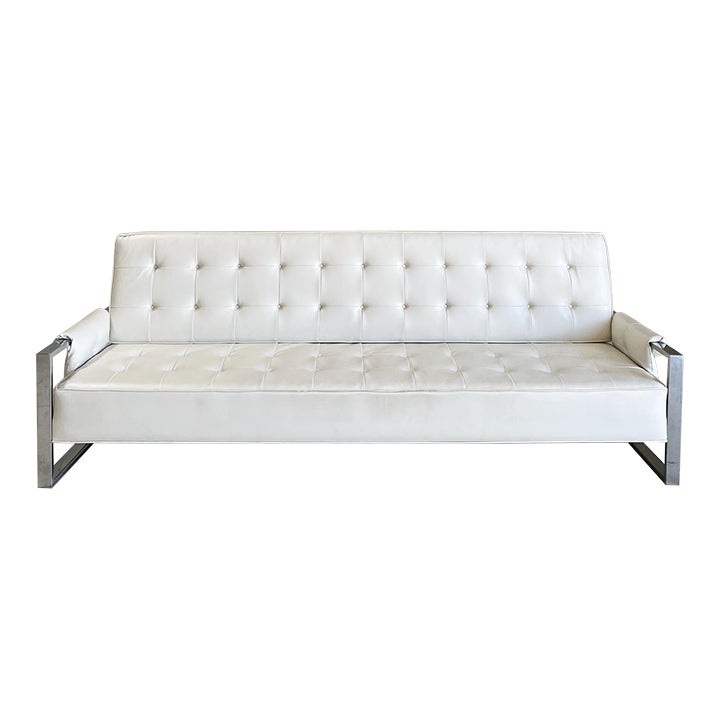 Mid Century Tufted White Vinyl and Polished Chrome Sofa Chairish