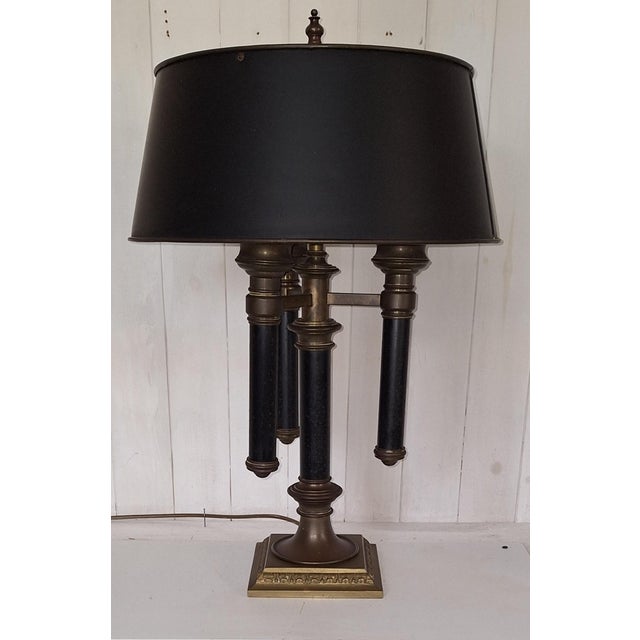 Vintage English 3-Light Table Lamp with Brass Frame and Shade, 1970s, in Good conditions. Designed 1970 to 1979 European...