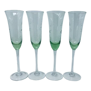 Vintage Green Colored Glass Champagne Flutes With Etched Floral Leaves a Set of 4