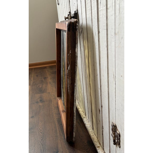Chocolate Antique Glass Wood Frame Stained Prairie School Window - Geometric Reversible Wood Frame For Sale - Image 8 of 10