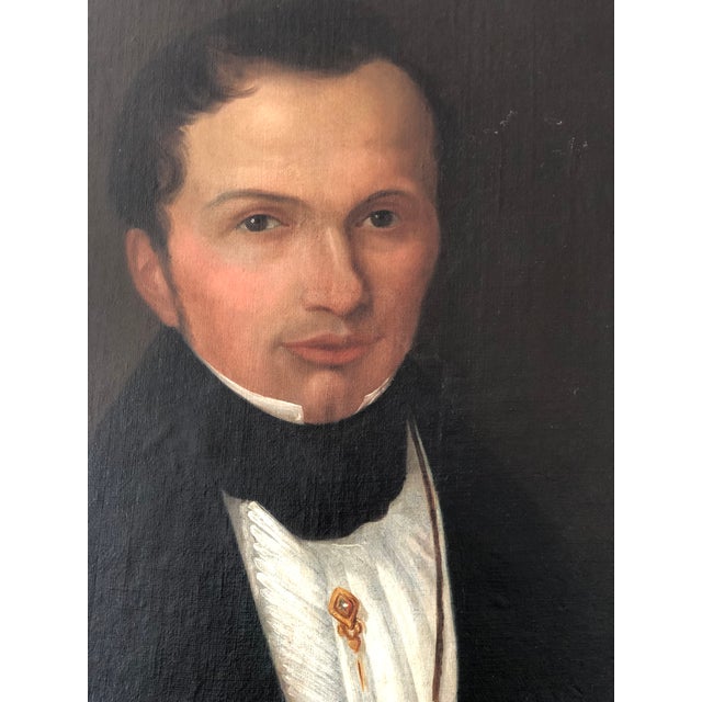 Wood Antique Original Oil Paintings of a Gentleman and Lady, 19th Century Portrait Set - a Pair For Sale - Image 7 of 17