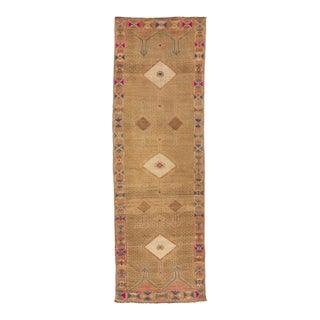 4 X 13 Vintage Turkish Kars Wool Rug in Tan Color With a Tribal Pattern For Sale