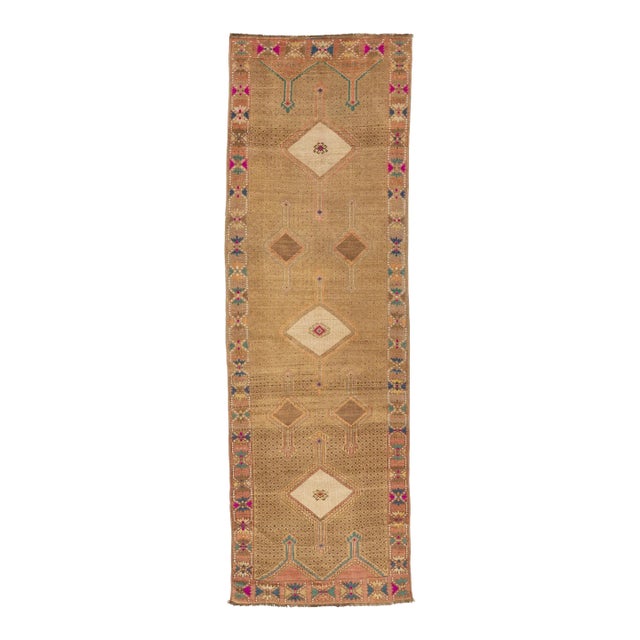 4 X 13 Vintage Turkish Kars Wool Rug in Tan Color With a Tribal Pattern For Sale