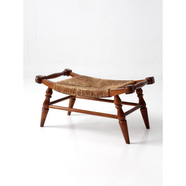 Vintage Early American Rush Seat Bench Stool For Sale - Image 11 of 17