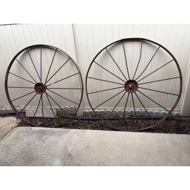 Metal Antique Iron Wagon Wheels - A Pair For Sale - Image 7 of 7