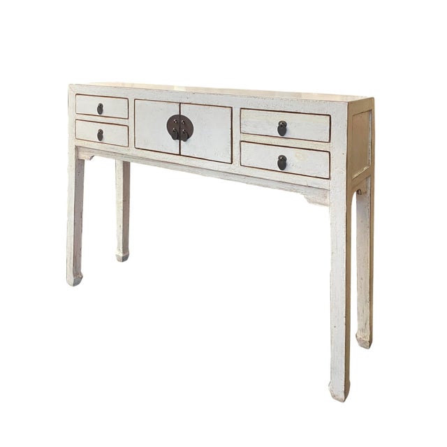 Chinese Oriental Rustic Off White Lacquer Drawers Slim Foyer Side Table For Sale - Image 3 of 5