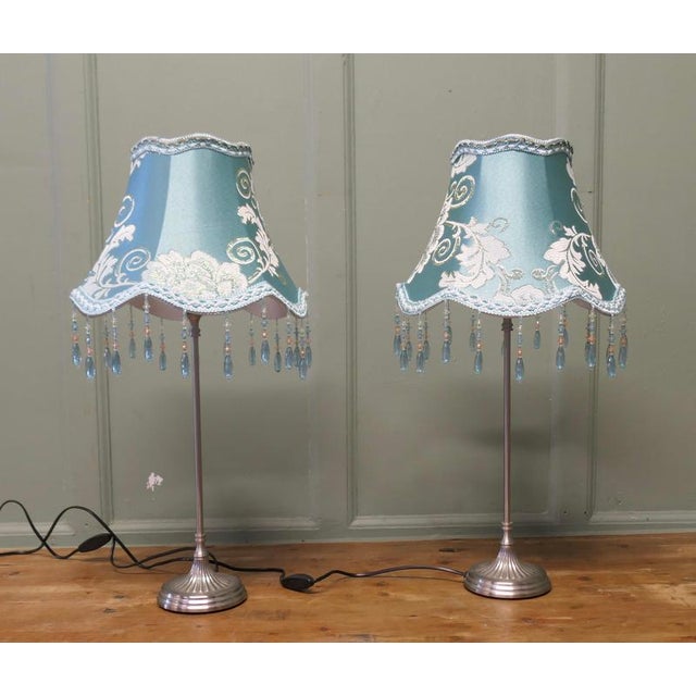 Chrome Bedside Lamps with Beaded Embroidered Shades, 1980, Set of 2 For Sale - Image 3 of 8