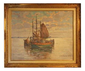 Franz Max Richter-Reich, Fishing Boats Off the Coast at Dusk, 20th Century, Oil on Canvas, Framed
