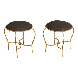 Hollywood Regency Pair of Gilt Metal Rope Twist Stools