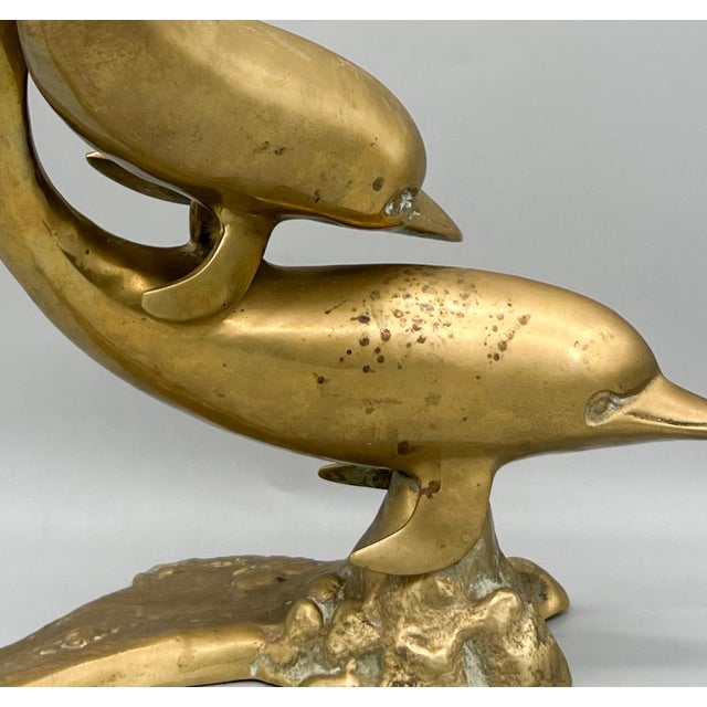 Oversized Vintage Brass Double Dolphin Figure For Sale In Houston - Image 6 of 11