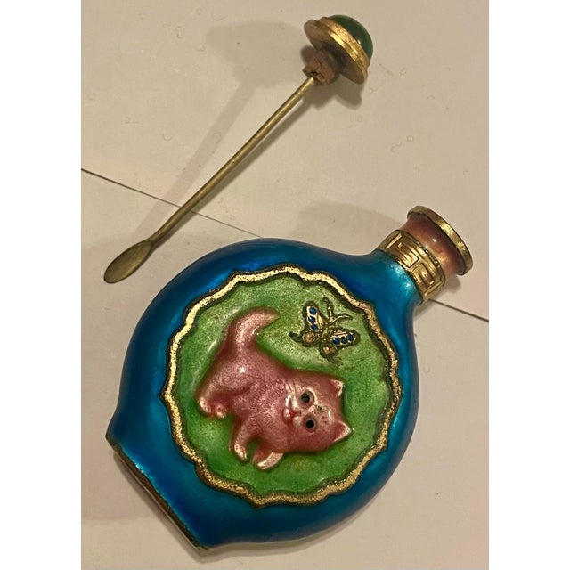 Late 20th Century Colorful Enamel Snuff Bottle Perfume W/Cat & Butterfly Pink Green Blue For Sale - Image 9 of 11
