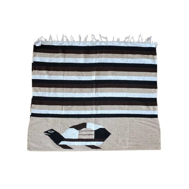 Mexican 1980s Mexican Blanket With Turtle Motif in Brown, White and Black For Sale - Image 3 of 11