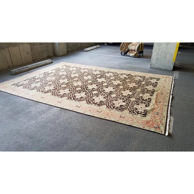 Vintage large Turkish Oushak rug of pinks, lime green and brown woven with wool and silk acetate threads estate bought...