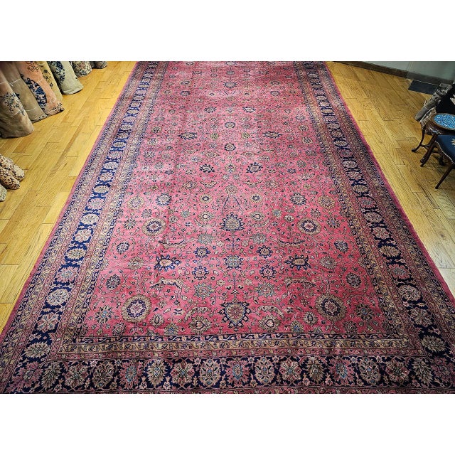 Red Vintage Oversize Tabriz Design Rug, Hand-Knotted Wool, Allover Geometric Pattern, Pale Red & Navy, 13x24 For Sale - Image 8 of 16