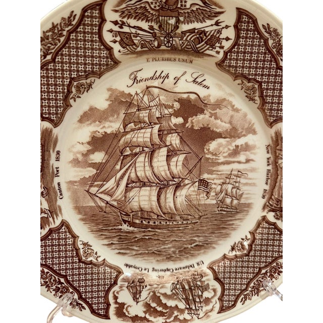 Mid 20th Century Vintage Alfred Meakin Staffordshire Fair Winds The Friendship of Salem Brown Dinner Plates - Set of 10 For Sale - Image 5 of 11