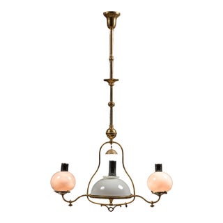 Late 19th Century Brass Triple-Arm Early Gas-Electric Chandelier With Milk Glass Shades For Sale