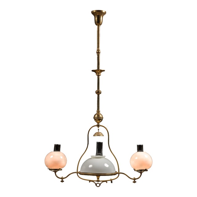 Late 19th Century Brass Triple-Arm Early Gas-Electric Chandelier With Milk Glass Shades For Sale