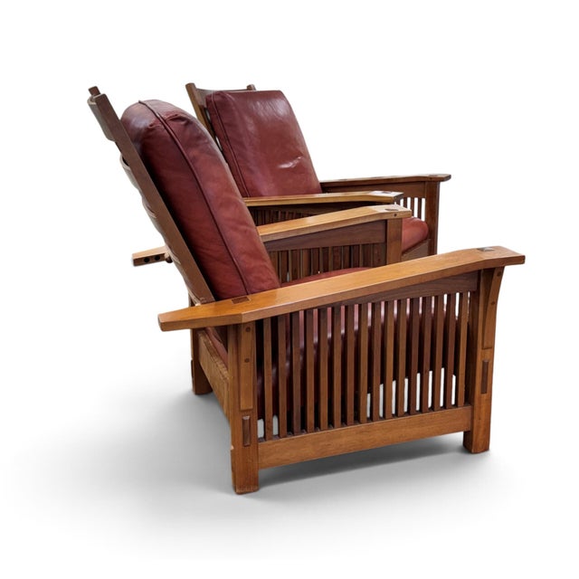 Stickley Stickley Spindle Reclining Leather Morris Chairs, a Pair For Sale - Image 4 of 18