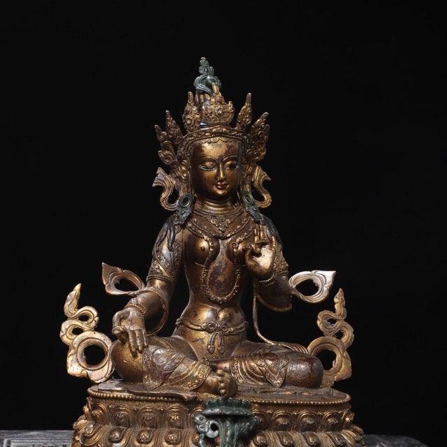 Bronze Large Vintage Gilt Bronze Green Tara Statue / Tibetan Buddhist Figure For Sale - Image 8 of 9