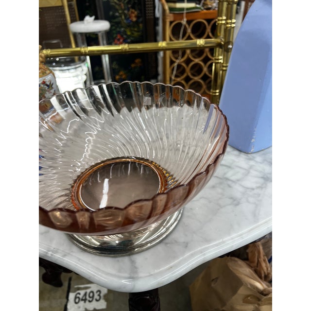 Mid-Century Modern 1970s Pink Depression Glass Bowl With Footed Silver Base For Sale - Image 3 of 7