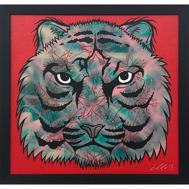 Chris Pegg Tiger Portrait Pop Art with Floral Mandala in Chains by British Graffiti Artist, 2013 For Sale