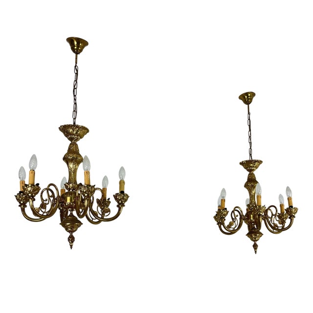 6-Light Venetian Brass and Murano Glass Chandeliers, 1960s, Set of 2 For Sale