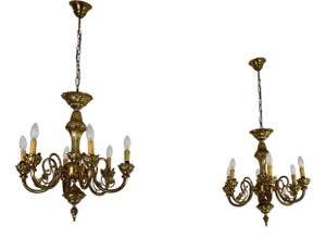 6-Light Venetian Brass and Murano Glass Chandeliers, 1960s, Set of 2