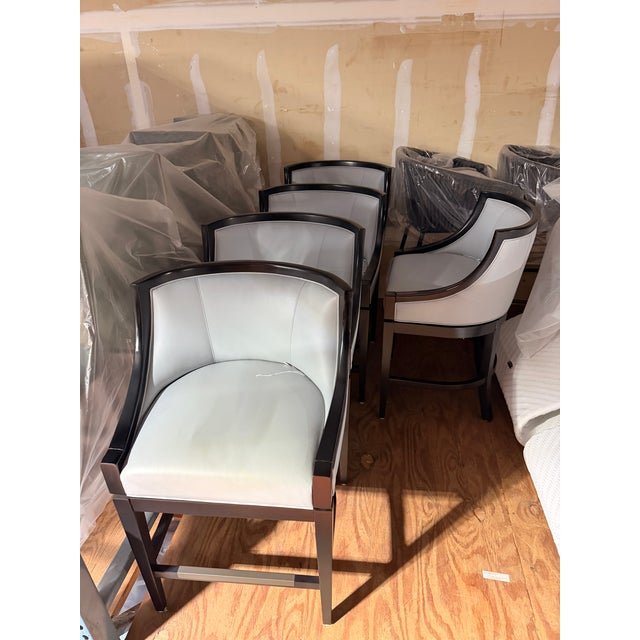 Jessica Charles Sky Blue Leather Counter Stool With Black Wood Frame and Legs For Sale In West Palm - Image 6 of 6