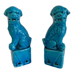 Small Ceramic Asian Turquoise Foo Dogs - a Pair
