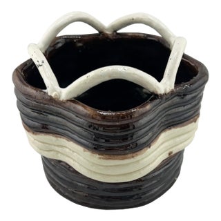 Vintage Studio Pottery Basket Form Bowl in Brown and Cream For Sale