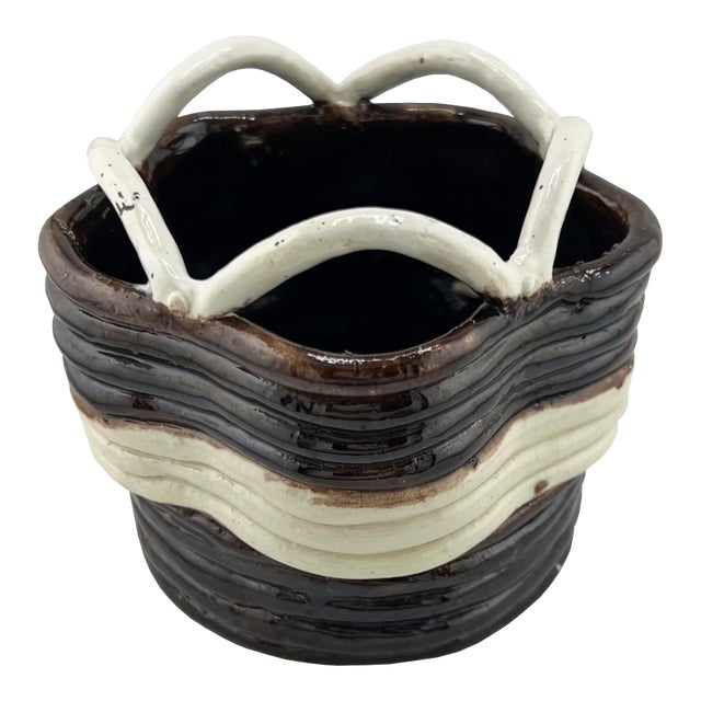 Vintage Studio Pottery Basket Form Bowl in Brown and Cream For Sale
