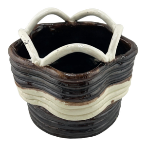 Vintage Studio Pottery Basket Form Bowl in Brown and Cream