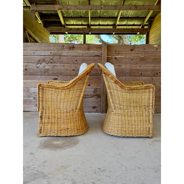 Pair of Vintage Michael Taylor Style Braided Rattan Wicker Lounge Side Armchairs For Sale In Naples, FL - Image 6 of 12