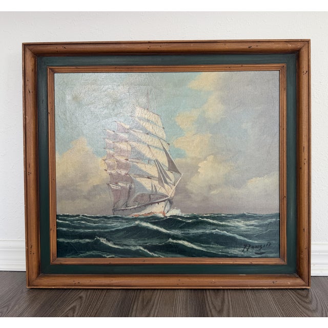 Mid 20th Century Vintage Tall Ship Oil Painting on Canvas Signed Framed Clipper Marine Seascape For Sale - Image 5 of 13