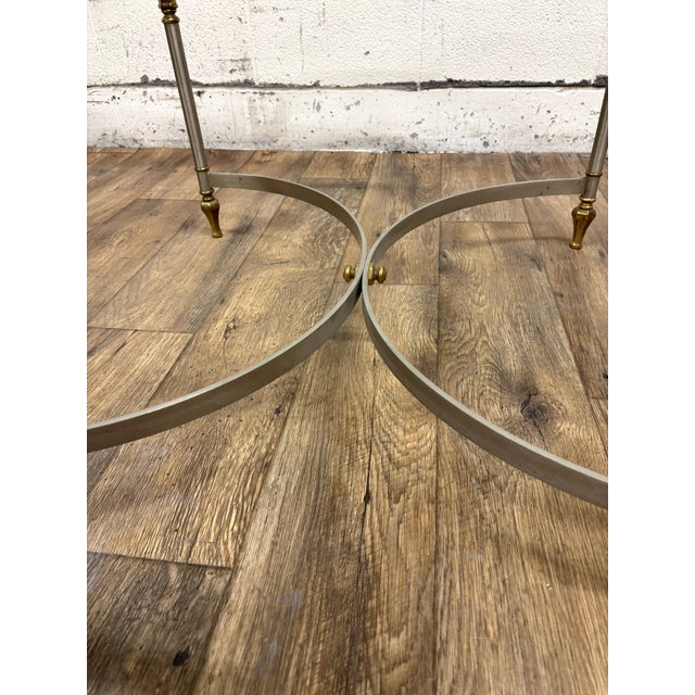 Vintage MCM Round Chrome or Pewter, Brass, and Glass Coffee Table Cocktail Table For Sale - Image 9 of 10