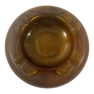 Mid Century Large Amber Glass Ashtray on Walnut Base