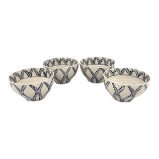 Set of 4 Bat Trang Vietnamese Ceramic Multipurpose Bowls With Blue Hand Painted Leaf Vine Motif For Sale