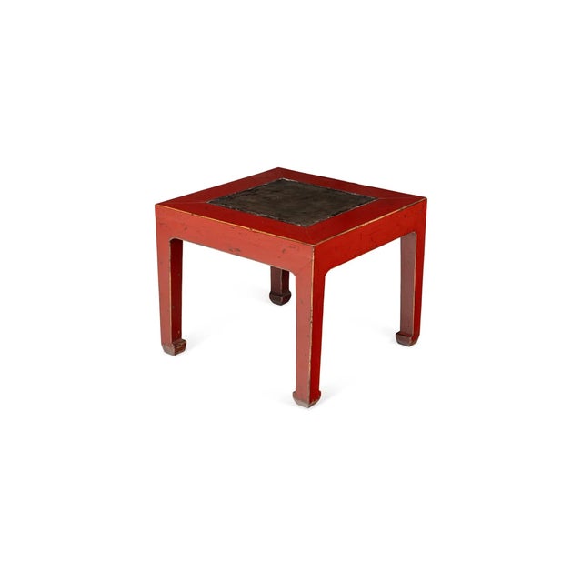 Wood Antique Chinese Red Painted Side Table With Inset Slate Stone Top For Sale - Image 7 of 11