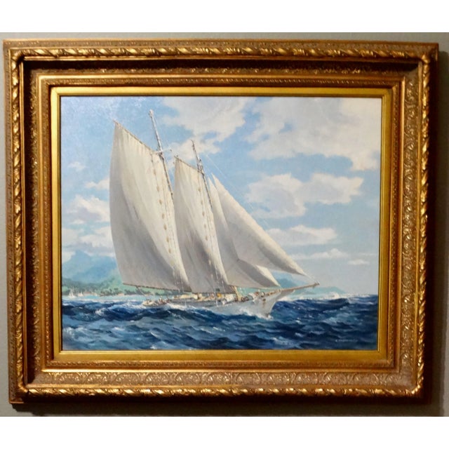 Yacht Oil Painting Sailing Off Bora Bora Louis Macouillard 1913-1987 Gilt Frame For Sale - Image 15 of 15