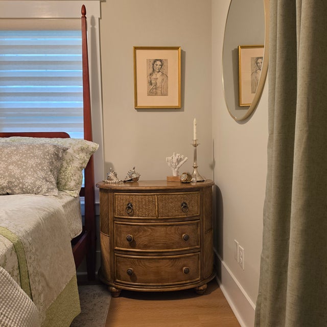 1990s Braxton Culler Coastal Demilune 3 Drawer Chest - Woven Rattan Reed & Oak - Carved Melon Feet - 36" W For Sale - Image 10 of 17