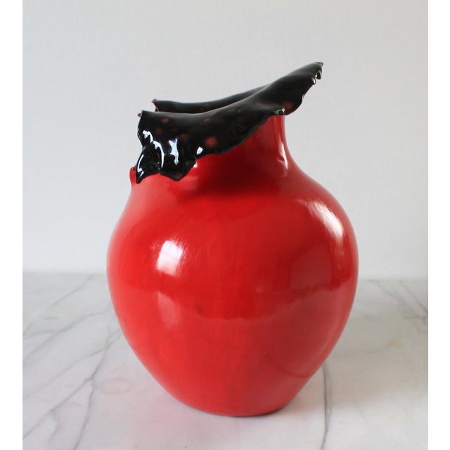 Vintage Red & Black Artisan Made Vase or Vessel For Sale - Image 4 of 8