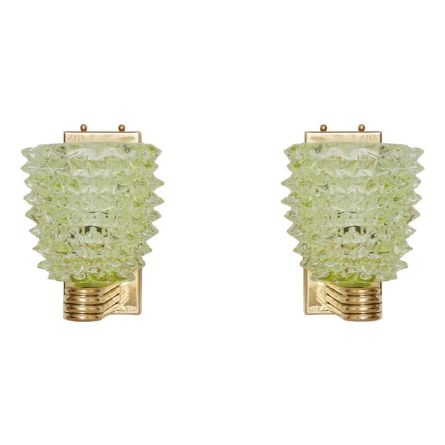 Pair of Green Italian Rostrate Style Handblown Glass Sconces with Brass Bases For Sale